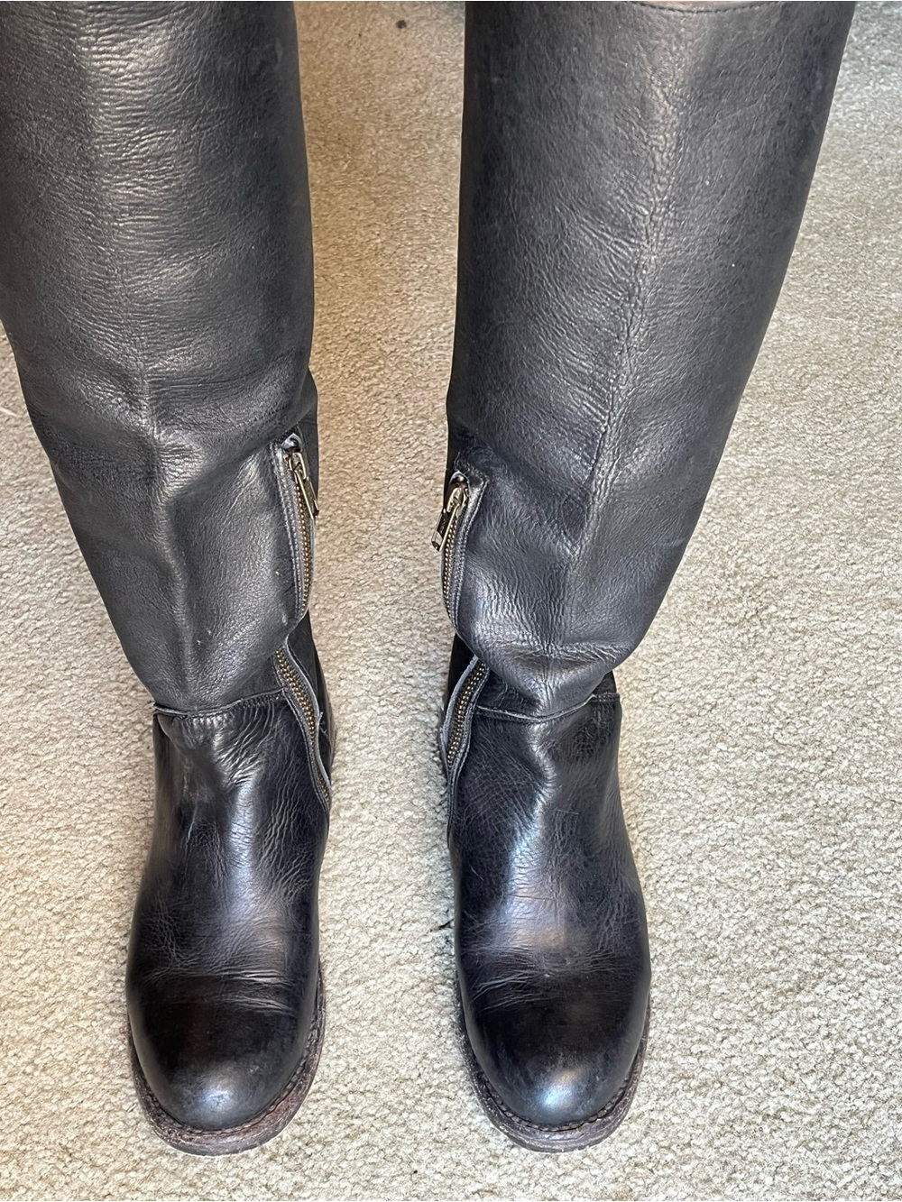 BED|STU Black Leather Boots with Gold-Tone Zipper Detail
